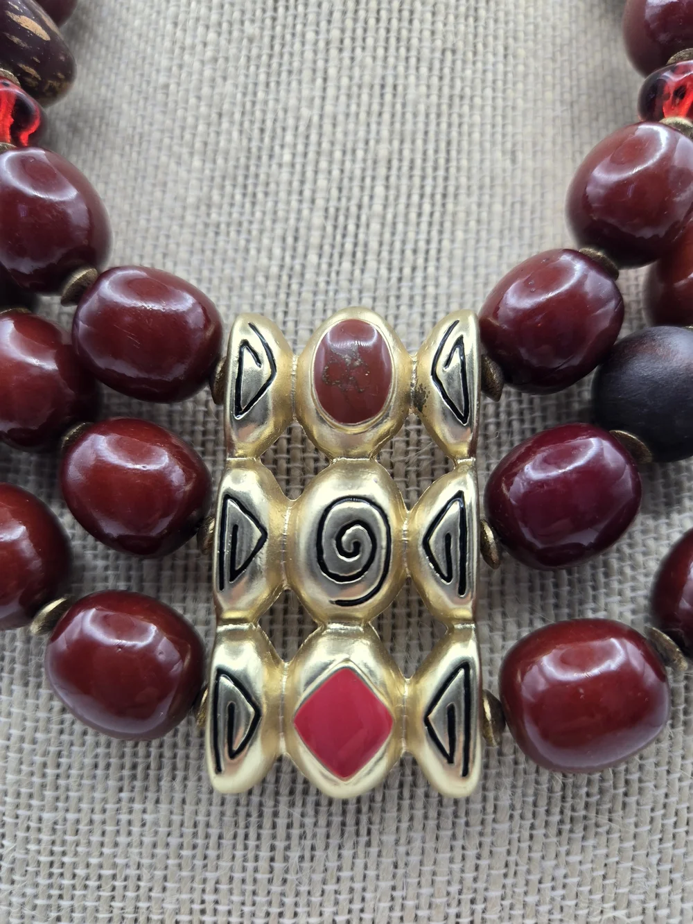 Chico's MultiStrand Burgundy Red Gold Statement Necklace Tribal Focal Chunky Bib